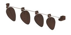 three brown leaves are hanging from a clothes line on a white background with clippings