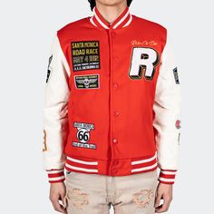 Collegiate Red Cotton Outerwear, Red Collegiate Cotton Outerwear, Red Varsity Jacket With Pockets For Fall, Red Cotton Collegiate Outerwear, Red Varsity Track Jacket For Fall, Red Varsity Outerwear With Pockets, Red Varsity Jacket With Pockets For Streetwear, Red Cotton Varsity Jacket With Pockets, Collegiate Red Hooded Outerwear