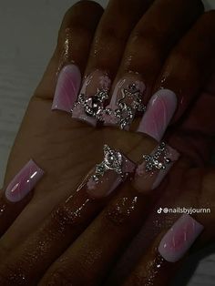 Birthday Nail Black Women, Medium Length Birthday Nail Designs, Cute Prom Nails Acrylic, Short Dramatic Nails, Cute Nails For Black Women, Junk Nails Bling Medium, Birthday Nail Inspo 2024, Spring Nail Sets Short, Pink And Silver Acrylic Nails