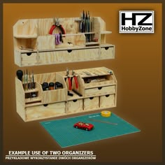 two wooden drawers with tools in them