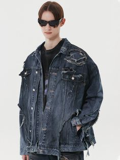 This is a unique and casual denim jacket that is made out of sturdy cotton 100% denim fabric. With a trendy and young design with rough destroyed texture all over, layered elements on destroyed parts, and dirty washing process that gives a vintage mood, it gives a unique and wild look. - Layered detail- Destroyed detail and dirty washing- Welt pockets on the side Ripped Cotton Denim Jacket For Streetwear, Urban Ripped Outerwear For Streetwear, Ripped Long Sleeve Outerwear For Streetwear, Streetwear Denim Jacket With Frayed Hem, Ripped Long Sleeve Cotton Outerwear, Ripped Denim Jacket For Streetwear, Ripped Denim Jacket For Urban Streetwear, Distressed Denim Jacket For Fall Streetwear, Urban Ripped Cotton Outerwear