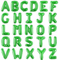 the letters and numbers made out of green foil balloons are shown in this alphabet set