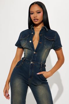 Outfits Birthday, Leg Stretching, Denim Jumpsuit, Dark Wash Denim, Fashion Nova, Birthday Ideas, Things To Wear, Straight Leg, Button Up