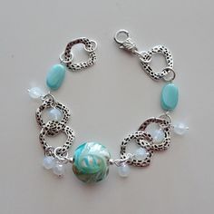 Aqua Bead Bracelet-Silver Linked Bracelet-Beach-Glass Bead Turquoise Faceted Beads Bracelets For Beach, Turquoise Bracelet With Silver Beads, Turquoise Jewelry With Silver Beads, Silver Beaded Chain Charm Bracelet Gift, Turquoise Metal Beaded Bracelets For Jewelry Making, Beaded Sterling Silver Bracelets, Czech Glass Beaded Chain Jewelry For Beach, Elegant Turquoise Bracelets For Beach, Silver Beaded Jewelry For Beach