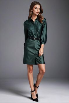 a woman wearing a green dress and heels