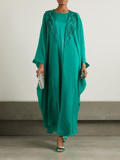 EXCLUSIVE AT NET-A-PORTER. Shatha Essa celebrates various cultures by working with artisans from across the globe. This elegant set includes a smooth turquoise satin gown and a dramatic teal silk-blend chiffon cape that's artfully embroidered with palm trees and embellished with glistening crystals. Complement the jewel tones with silver accessories. Satin Cardigan, Jean Trench Coat, Cape Set, Chiffon Cape, Designer Maxi Dress, Royal Outfits, Sport Swimwear, Elegant Sets, Cardigan Shirt