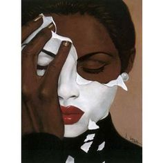 a painting of a woman with white face paint holding her hands to her face and covering her eyes