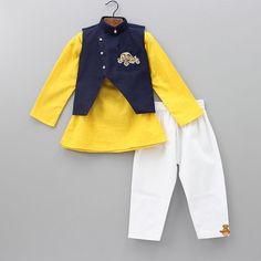 Blue Waistcoat, Kids Fashion Wear, Kids Dress Boys, Yellow Kurta, White Pant, Boys Kurta, Clean Code, White Pajamas