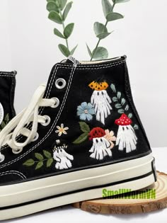 Ghost and Mushroom Embroidered Shoes, Daisy Flower Shoes, Cute Ghost Converse, Chuck Taylor Flower Embroidery, Fall Shoes - Etsy Black Sneakers With Floral Embroidery, Black High-top Sneakers With Floral Embroidery, Spring Embroidered Canvas Shoes With Round Toe, Black Lace-up Sneakers With Floral Embroidery, Black Low-top Sneakers With Floral Embroidery, Boty Converse, Artisanats Denim, Cute Converse Shoes, Embroidered Converse