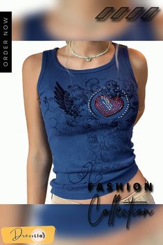 Women Rib Knit T-shirts Summer Casual Sleeveless Round Neck Heart Pattern Rhinestone Slim Crop Top Tees for Young Teens Y2k Summer Tops With Rhinestones, Summer Y2k Tops With Rhinestones, Casual Sleeveless Tops With Rhinestones, Summer Cotton Tops With Rhinestones, Summer Cotton Top With Rhinestones, Women's Outfits By Occasions, 90s Shirts, Shirts Summer, Crop Top Tees