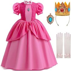 PRICES MAY VARY. 【Princess Dress Set】Packing list: Dress*1pcs, Crown hairband*1pcs,Rhinestone brooch*1pcs,Princess Gloves*1pair. 【Elegant Design】The princess costume features lace trim at neckline,bubble sleeve design,with a dark pink peplum and layers skirt to increase the fluffy feeling of the skirt,dress brooch embedded with blue gems,crown embedded with three sparkling gems,attached with gloves,100% restore to the iconic princess, makes your girls feel immersive with this pink princess dress Princess Ball Birthday Party, Disney Princess Dresses For Kids, Princess Costumes Kids, Pink Princess Dress Kids, Dresses For Princesses, Pink Dress For Kids, Princess Dresses For Kids, Princess Peach Halloween, Princesses Dresses