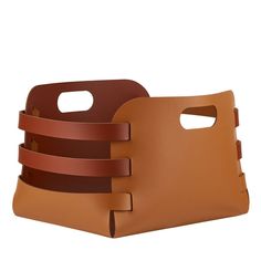 two brown leather bags with handles and straps on each side, one in the shape of a rectangle