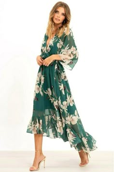 Floral Print Kimono Midi Wrap Dress in Green Colour 100% Polyester Machine Wash At 30 Casual Chique Stijl, Green Kimono, Kimono Floral, Mode Kimono, Floral Print Kimono, Midi Wrap Dress, فستان سهرة, Kimono Sleeves, Wrap Midi Dress