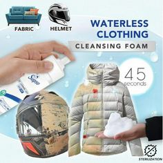 a person holding a foam bottle next to a snowboard helmet and jacket with the words waterless clothing cleaning foam on it