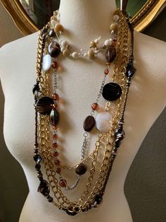 Classic colours!  Versatile set. Any questions. Just ask. Areej 🤗 Elegant Brown Chain Jewelry, Elegant Brown Jewelry With Chain, Brown Chain Necklace For Party, Brown Multi-strand Party Jewelry, Brown Multi-strand Jewelry For Party, Elegant Brown Metal Beaded Necklace, Brown Multi-strand Necklace For Party, Elegant Multicolor Metal Chain Necklace, Brown Multi-strand Costume Jewelry