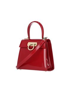 Ferragamo Iconic S handbag in red leather with top handle, removable shoulder strap, gold-plated metal iconic hook closure, and two separate interior compartments. Composition: 100% Leather Red Satchel With Gold-tone Hardware Modern Style, Red Shoulder Bag With Detachable Round Handle, Red Shoulder Bag With Metal Hardware For Evening, Modern Red Satchel With Gold-tone Hardware, Modern Red Shoulder Bag With Metal Hardware, Modern Red Bag With Metal Hardware, Evening Red Shoulder Bag With Metal Hardware, Red Evening Shoulder Bag With Metal Hardware, Red Bags With Detachable Strap And Round Handle