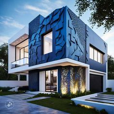 a modern house with blue and white architecture