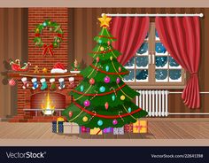 a decorated christmas tree in front of a fireplace with presents on the mantle and stockings