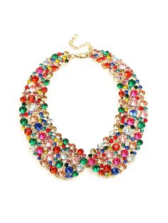 Make a bold statement with the Diana Collar Necklace, the perfect accessory to elevate any outfit. This chunky, multicolor necklace features a stunning crystal design, adding a pop of color to your look. Decorated with beautifully arranged glass crystal beads, this classy collar necklace effortlessly transforms a simple ensemble into something extraordinary. DETAILS Material: Alloy Stones: Glass Crystal Size: 12" + 3" Extension Closure: Lobster Clasp Black Date Night Outfit, Black Dating, Nashville Style, Old Money Style, Crystal Design, Summer Knitting, Top Gifts, Printed Linen, Collar Necklace