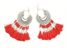 A cute pair of valentine red tassel earrings with silver metal alloy, these would make a perfect gift that goes with a variety of red outfits. #tlb #bohogift #Indian #Handmade #FabricEarrings #TribalRedEarring Fabric Feathers, Indian Gifts, Red Boho, Boho Fabric, Fabric Earrings, Red Jewelry, Bridesmaid Outfit, Red Earrings, Boho Gifts