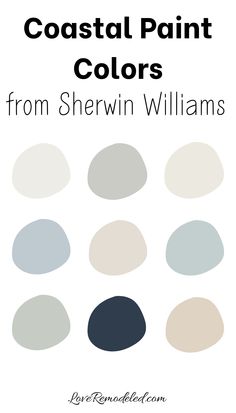 These are the best coastal paint colors from Sherwin Williams.  These beachy paint colors can be used to develop your own coastal paint palette. Beachy Neutral Paint Colors, Coastal Palette Sherwin Williams, Coastal Furniture Paint Colors, Coastal Home Interior Paint Colors, Sherwin Williams Beachy Colors, Beach House Sherwin Williams Paint, Coastal Blue Exterior Paint Colors, Modern Coastal Paint Palette, Sherwin Williams Sea Salt Accent Colors