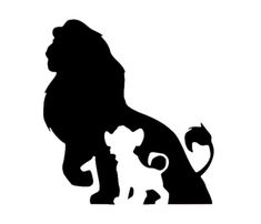 the silhouette of a lion and its cub is shown in black on a white background