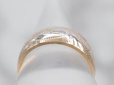 So many wonderful details come together to give this vintage band a rich, textural feel! Crafted of 14 karat yellow gold, this is a great band for stacking or wearing traditional as a wedding band!Metal: 14K Yellow GoldWidth of Band: 8.0 mmHeight off Finger: 1.4 mmRing Size: 6Marks: “<14K>” Stamped on the inside band Band Metal, Botanical Pattern, Gold Hands, Vintage Band, Great Bands, Vintage Botanical, Come Together, Wedding Band, A Wedding