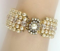 Beautiful bridal pearls bracelet features ivory cream Swarovski pearls and AB clear crystals in combination with hand decorated silver clasp set Beaded Wedding Jewelry, Bracelet Pearls, Bridal Cuff, Bridal Bracelet Pearl, Bride Bracelet, Pearl Bracelet Wedding, Crystal Wedding Jewelry, Pearls Wedding, Pearls Bracelet