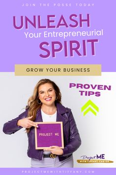 a woman holding up a sign that says, unleash your enterprise spirit grow your business