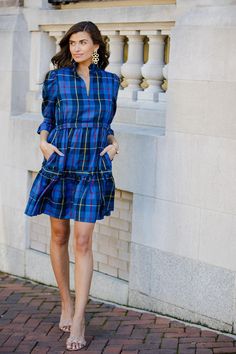 Gretchen Scott Teardrop Dress - Plaidly Cooper - Blue/Multi – THE LUCKY KNOT Fitted Plaid Cotton Dress In Preppy Style, Classic Fitted Plaid Dress, Preppy Fitted Plaid Cotton Dress, Fitted Plaid Dress For Fall, Preppy Style, Blue Knee-length Plaid Summer Dress, Can Light, Fall Must Haves, Gathered Skirt, Plaid Dress