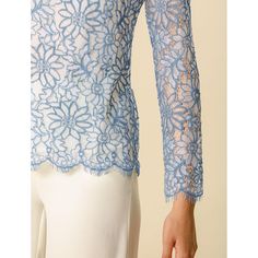 Add a bit of femininity to your look with the ruffle round-neck lace top. It features a long sleeve form, a ruffle neck, and lace fabric. It perfectly matches everyday jeans and skirts for a weekend casual look. A lace top puts a feminine spin on any day or night look with a charming feminine silhouette. Good options for parties, sweet dating, shopping, festivals, banquets, office outfits, casual wear, and daily outfits. Spring Evening Top With Scalloped Lace, Scalloped Lace Tops For Spring Evenings, Evening Tops With Scalloped Lace For Spring, Scalloped Lace Evening Top For Spring, Spring Lace Top With Scalloped Edges, Spring Lace Tops With Scalloped Edges, Long Sleeve Tops With Scalloped Lace For Evening, Scalloped Lace Long Sleeve Tops For Evening, Fitted Lace Top With Scalloped Edges