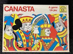 a close up of an old board game on a black surface with the title canasta