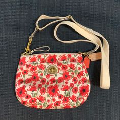 One Of The Original Poppy Bags With Sateen Poppy Print Fabric In Nice Beige, Crimson And Green Tones And Gold Hardware. Perfect Unused Condition. Spring Coach Shoulder Bag With Adjustable Strap, Coach Floral Print Bags For Everyday Use, Coach Summer Shoulder Bag For Everyday, Summer Coach Shoulder Bag For Everyday Use, Coach Poppy, Poppy Print, Bags Coach, Green Tones, Print Fabric