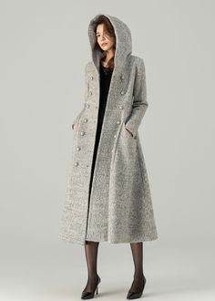 FEATURES 50% wool, 50% wool blend Fully liner with polyester Two side pockets Hooded neckline Long sleeve Button closure in front Double breasted coat For Winter, Autumn dry clean ★★Mode size Height 170cm (5′ 7″)  Bust 84 cm (33")  Waist 66 cm (26")  She wears size XS. ★★Bespoke Order Service If you Request other color Request the length Your height is not between 155 cm- 175 cm Your weight is not between 47 kg -77 kg I can do it for you, It will need some extra fee depending on on your need. Co Elegant Sweater Coat With Button Closure For Winter, Long Wool Outerwear For Cold Weather, Long Wool Pea Coat For Fall, Long Winter Sweater Coat For Cold Weather, Wool Hooded Sweater Coat For Winter, Winter Wool Coat With Lapel Collar For Cold Weather, Hooded Wool Sweater Coat For Winter, Long Wool Pea Coat With Pockets, Winter Wool Long Coat