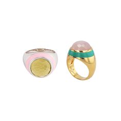 Our enamel rings are color-blocked with whimsy and fun. Cocktail rings are normally very serious, but we use color and various materials and gemstone cuts to bring excitement to the otherwise mundane. Material: 925 Silver, White Rhodium Plated and Pink Enamel Gemstones: Round Cut Cabochon Olive Quartz Weight: 9.8g Material: 925 Silver with 14K Yellow Gold Plated and Green Enamel Gemstones: Round Cabochon Peach Moonstone Weight: 9.8g Modern White Gold Rings With Enamel, Modern White Gold Enamel Ring, White Enamel Rings With Polished Finish, Modern Enamel Jewelry With Gemstone, Oval Enamel Cabochon Rings, Oval Cabochon Enamel Rings, Modern Enamel Ring With Polished Finish For Gift, White Gold Enamel Round Rings, Modern Enamel Ring For Anniversary