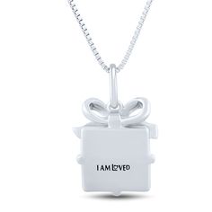 This delightful I Am Love gift box pendant is finely crafted in sterling silver and features a signature heart accent in 14K rose gold and sparkling diamond accents for added shine. | Gift Box Pendant Necklace with Diamond Accents | Sterling Silver and 14K Rose Gold | White | Size 18" | I Am Loved Rose Gold Jewelry For Anniversary With Gift Box, Rose Gold Necklace With Gift Box For Birthday, Rose Gold Jewelry With Gift Box For Birthday, Rose Gold Jewelry With Gift Box, Heart Pendant Jewelry Gift With Box, Heart Pendant Jewelry With Gift Box, Sterling Silver Jewelry Gift For Her With Box, Rose Gold Jewelry In Gift Box For Birthday, Gift Wrapped Jewelry For Valentine's Day