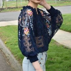 Brand New With Tags Free People Floral Lace Peasant Navy Top With Multi Colored Embroidery Throughout. Features Long Sleeves Adorned With Floral Embroidery, Elasticized Gathered Wrist, Spli V-Neck With Tie Closure, And Elasticized Waistband. Can Be Worn Off Or On The Shoulders With Adjustment Of The Tie. 100% Nylon Blue Long Sleeve Embroidered Top With Floral Detail, Embroidered Top, Navy Tops, Free People Tops, Floral Embroidery, Floral Lace, Multi Colored, Free People, Color Blue