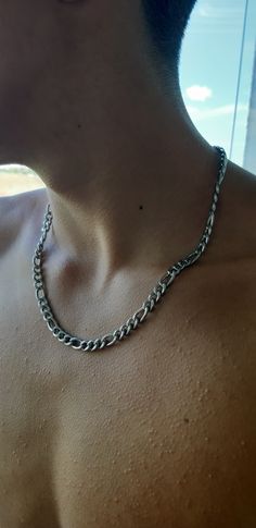 This men's Figaro Chain necklace was designed to wear alone or stacked with other chains or pendants.  hypoallergenic Men Jewelry Chain, Thick Chain Necklace Men, Jewelry For Men Aesthetic, Chains Men Aesthetic, Guy Necklace Aesthetic, Chains On Men, Chains Men Jewelry, Guy With Jewelry, Cool Men Jewelry