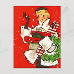 a christmas card with a woman holding presents