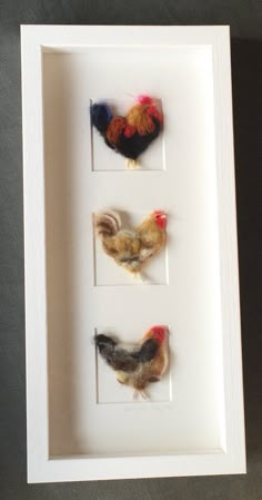 three small chickens in a white frame