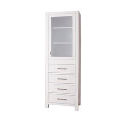 a white cabinet with glass doors and drawers on the bottom shelf, against a white background