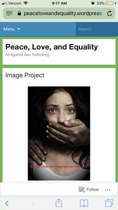 a woman covering her face with hands and looking at the camera, text reads peace, love, and equality image project