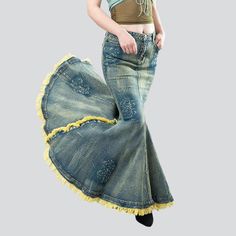 Vintage mermaid women's denim skirt – Rae Jeans Denim Skirts Online, Mermaid Fit, Maxi Denim Skirt, Cool Denim, Womens Denim Skirts, Vintage Mermaid, Mermaid Style, Denim Skirt Women, Autumn Collection