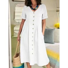 Season:Summer,Spring; Fabric:Linen Cotton Blend; Sleeve Length:Short Sleeve; Look After Me:Machine wash; Gender:Women's; Style:Modern,Basic; Elasticity:Inelastic; Occasion:Weekend,Daily; Fit Type:Loose Fit; Dresses Type:Cotton Linen Dress,White Dress,Casual Dress; Pattern:Plain; Design:Pocket,Button; Neckline:V Neck; Front page:FF; Listing Date:03/06/2024; Production mode:External procurement; Bust:; Length:; Shoulder Width:; Sleeve:; Dress Length Type:Midi Dress; Print Type:non-printing Cotton Long Dress, Cotton Linen Dresses, High Waist Dress, High Waist Fashion, Straight Dress, Linnet, Hipster Fashion, Vestido Casual, Basic Outfits