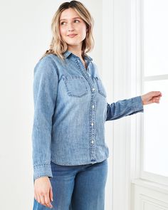 Roll up, roll up. Our denim shirt will have you looking relaxed but ready for anything. As comfy as it is stylish, this classic is made of soft, 100% cotton denim with roll-up sleeves, two front pockets, and darted back for more shape. The tulip sides give a bit of feminine curve and the distressed wash provides extra texture.  | Quince | Women's Distressed Denim Shirt in Blue, Size Medium, Cotton Boyfriend Cardigan, Womens Denim Shirt, Roll Up Sleeves, Crew Neck Tee, V Neck Tee, Roll Up, Straight Leg Pants, Denim Shirt, Distressed Denim