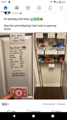 a person holding up a pink phone in front of a shelf with cards and magnets on it