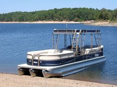 a blue and white boat in the water