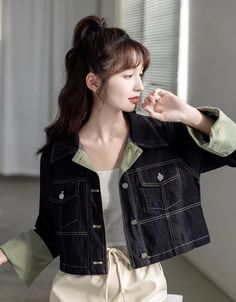 Black Folded Sleeves Denim Jacket S Folded Sleeves, Fashion Chingu, How To Fold Sleeves, Denim Jacket Fashion, Types Of Coats, Green Suit, Striped Jacket, Black Denim Jacket, Double Breasted Blazer