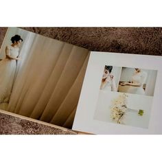 an open book with pictures of women in white dresses and flowers on the cover is sitting on carpet