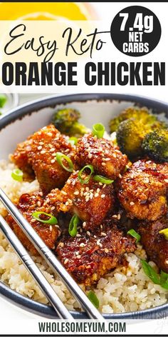 orange chicken with broccoli and rice in a bowl